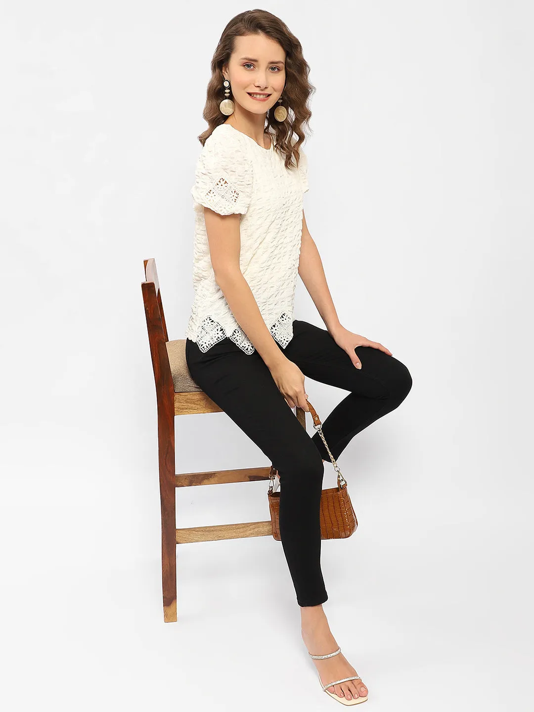 Madame Textured Off-White Embellished Top Easy Go Denim style