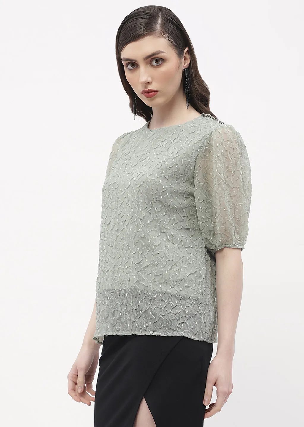 Layering Piece Love Glow Madame Puff Sleeve Green Crinkled Fabric Top