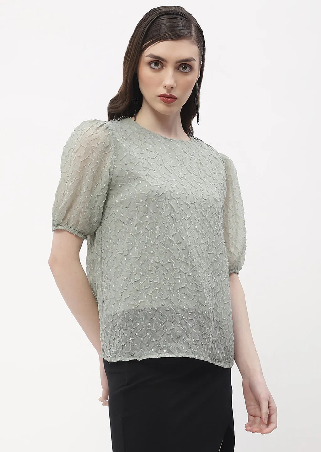Fashion Layers Cold Weather Wear Madame Puff Sleeve Green Crinkled Fabric Top