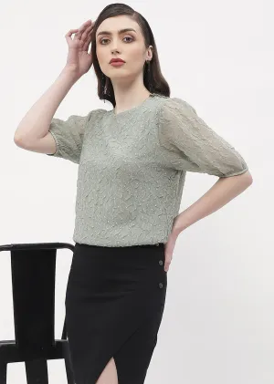 Madame Puff Sleeve Green Crinkled Fabric Top Smile Glow Timeless Cardigan