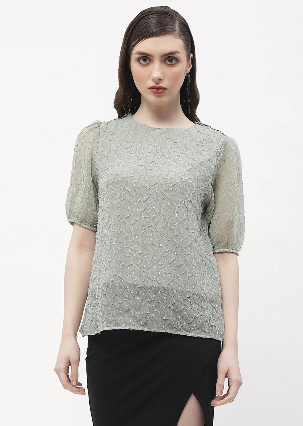 Lightweight Fabric Madame Puff Sleeve Green Crinkled Fabric Top