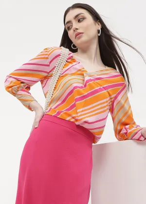 Cozy Knit Frost Glow Madame Striped Pink V-Neck Top