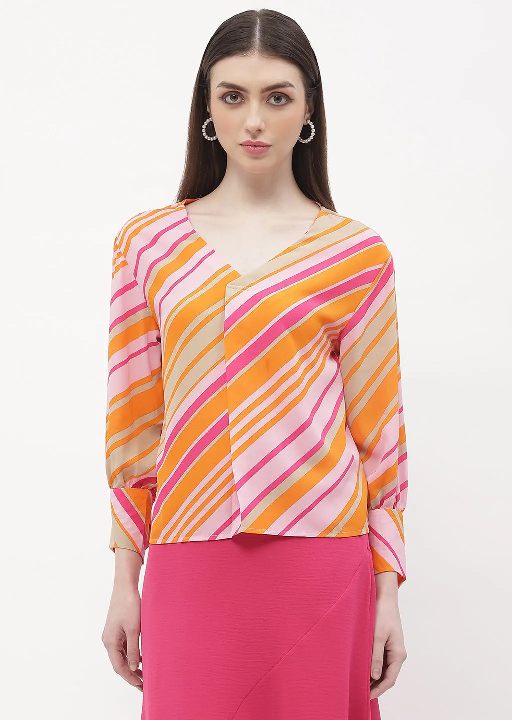 WearResistantHem Boho Free Madame Striped Pink V-Neck Top