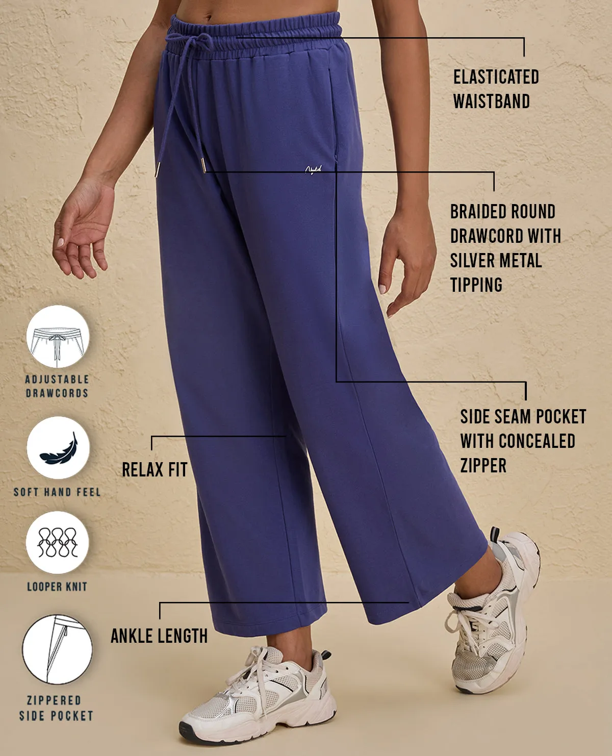 Reflective accents Nykd By Nykaa Summer Essential Comfort Cotton Terry Lounge Pants -NYLE606-Blue