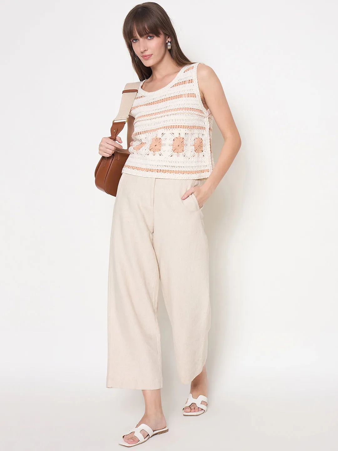Madame Crochet Sleeveless Solid Beige Cotton Top WrinkleFreeTexture Holiday Glow