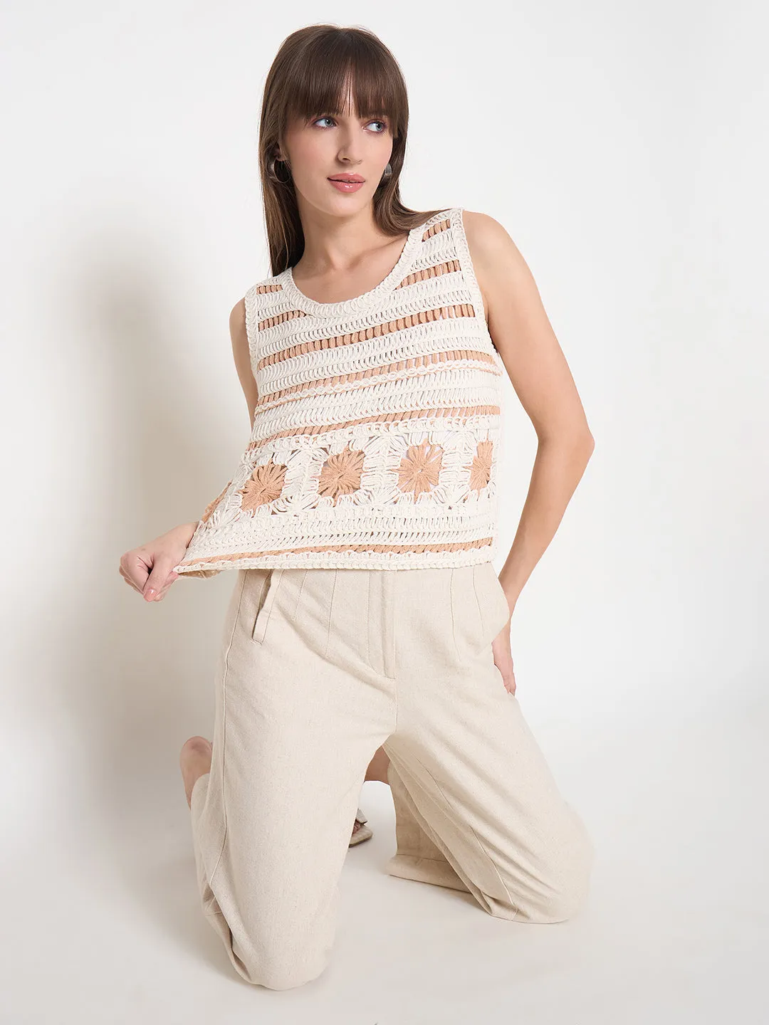 Beauty Glow Madame Crochet Sleeveless Solid Beige Cotton Top