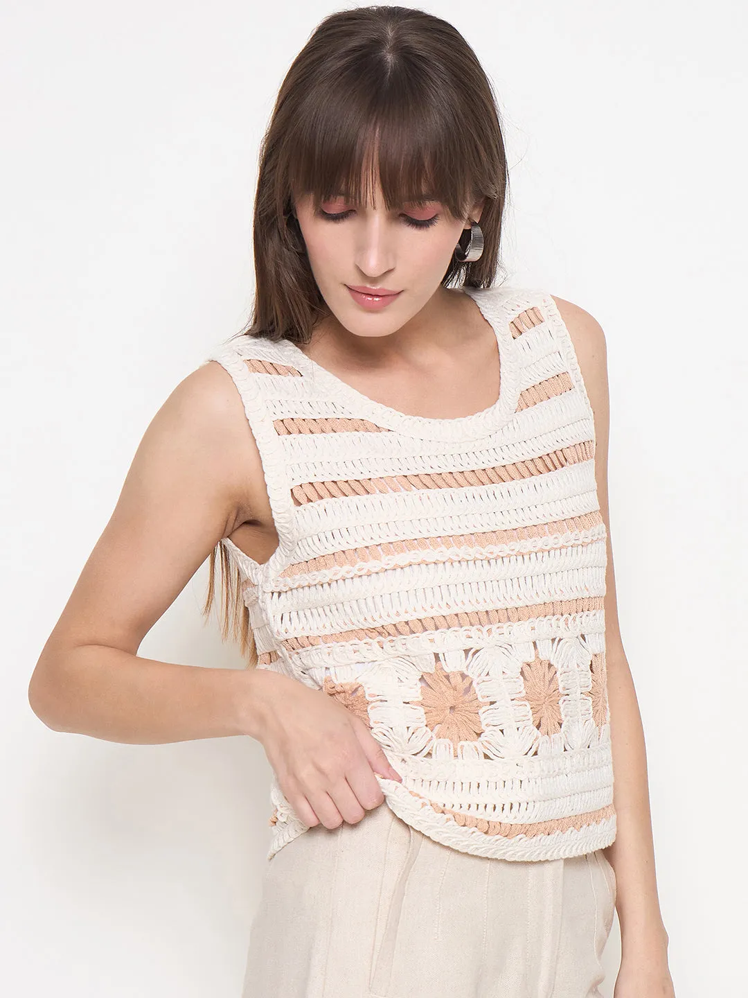 All Day Madame Crochet Sleeveless Solid Beige Cotton Top