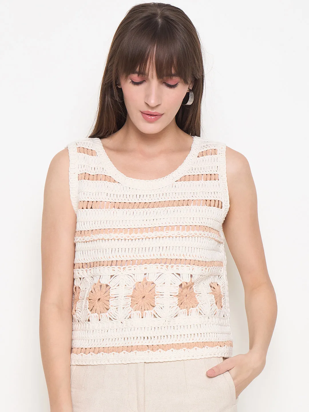 Madame Crochet Sleeveless Solid Beige Cotton Top Kid Play