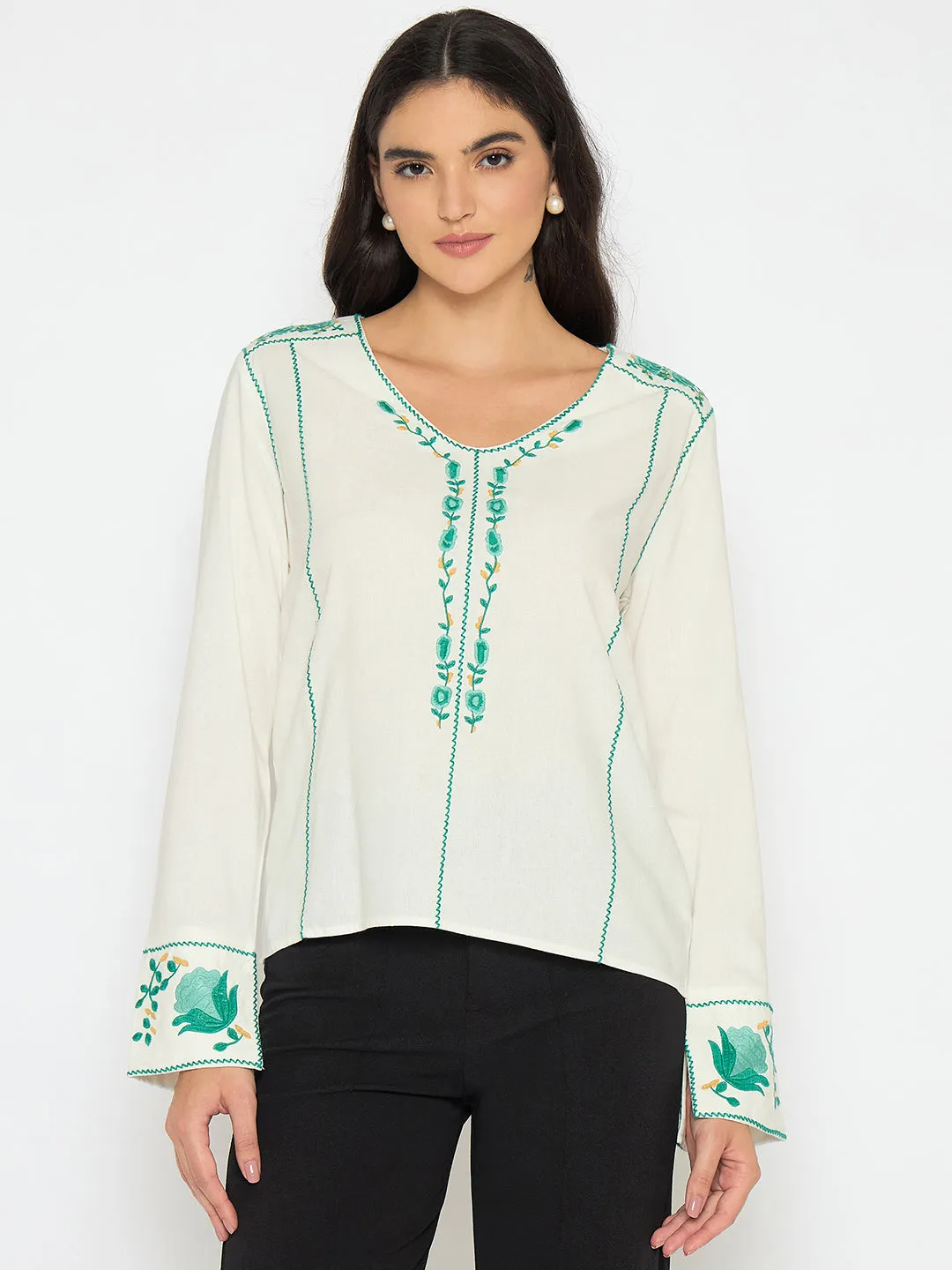 CompactPackaging MultiFunctional Pockets Madame Embroidered Rayon Blend White Top