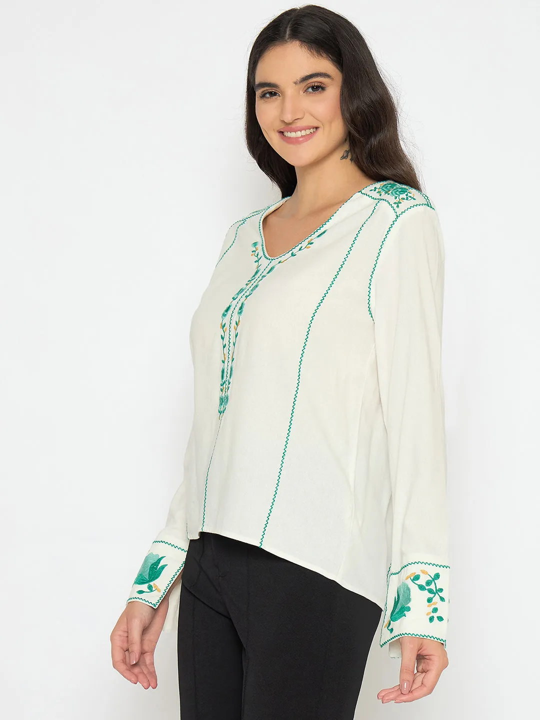 Madame Embroidered Rayon Blend White Top Sporty Look FrictionResistant