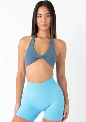 TWIST HALTER BRA - STEEL BLUE Secure Closure Snag Free Fabric