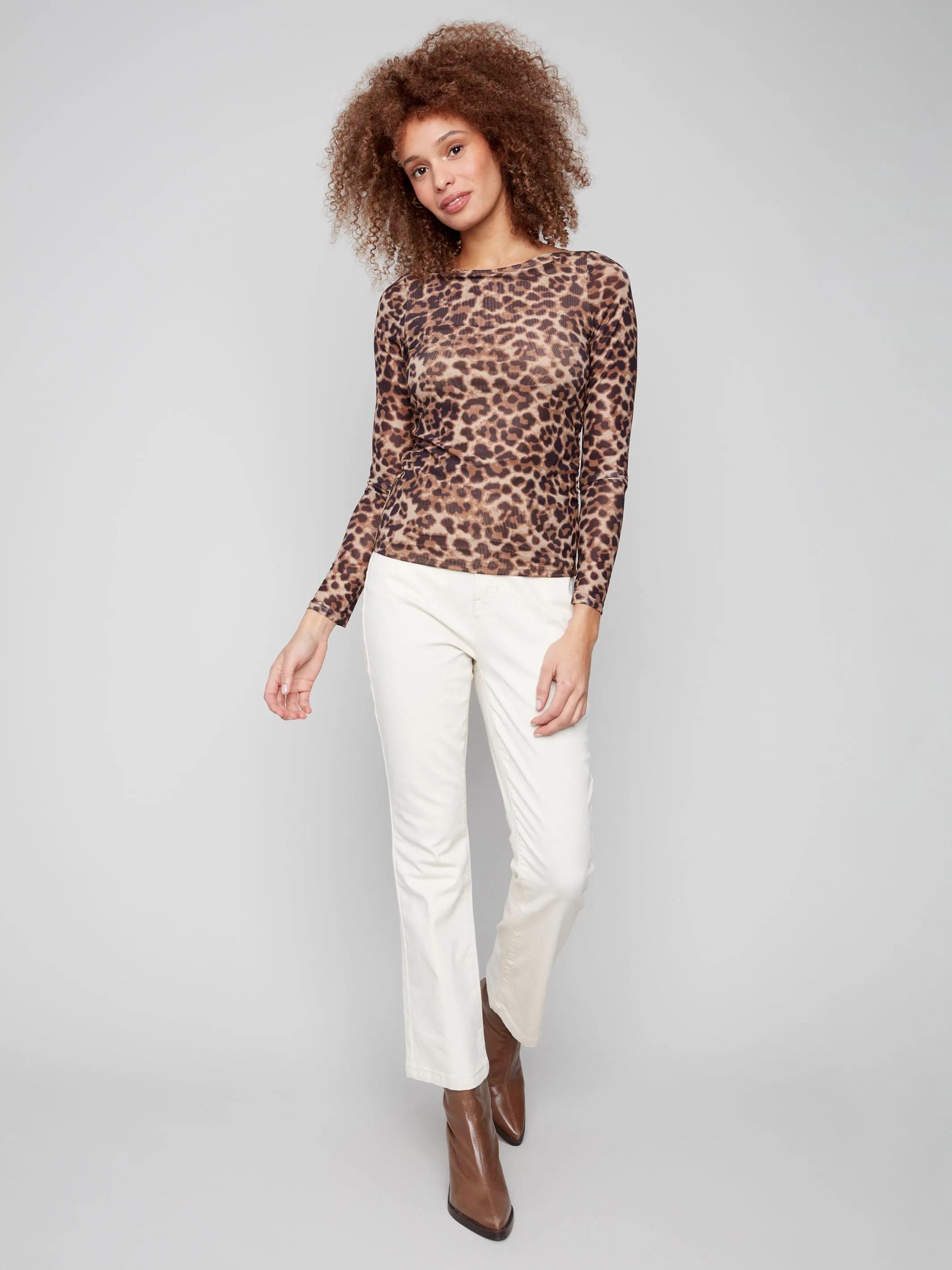 Printed Ruched Mesh Top - Leopard SoftTouch