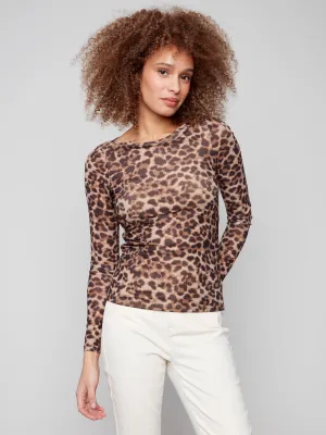 Zen Ease Silent Mood Printed Ruched Mesh Top - Leopard