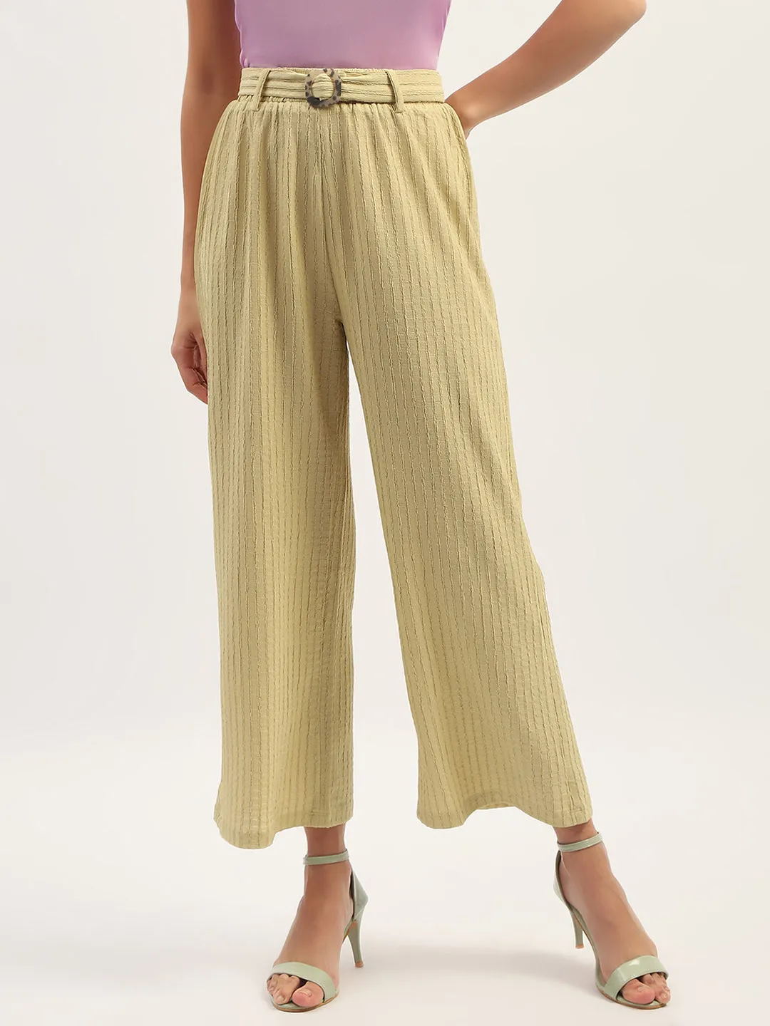 Tailored Fit Fashion Forward Madame Waist Belted Tapered Fit Dusty Green Trousers