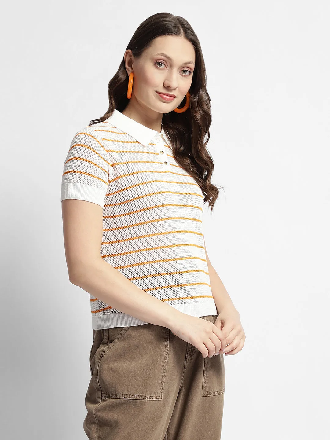Comfortable Touch Madame Orange Striped Polo Neck T-Shirt