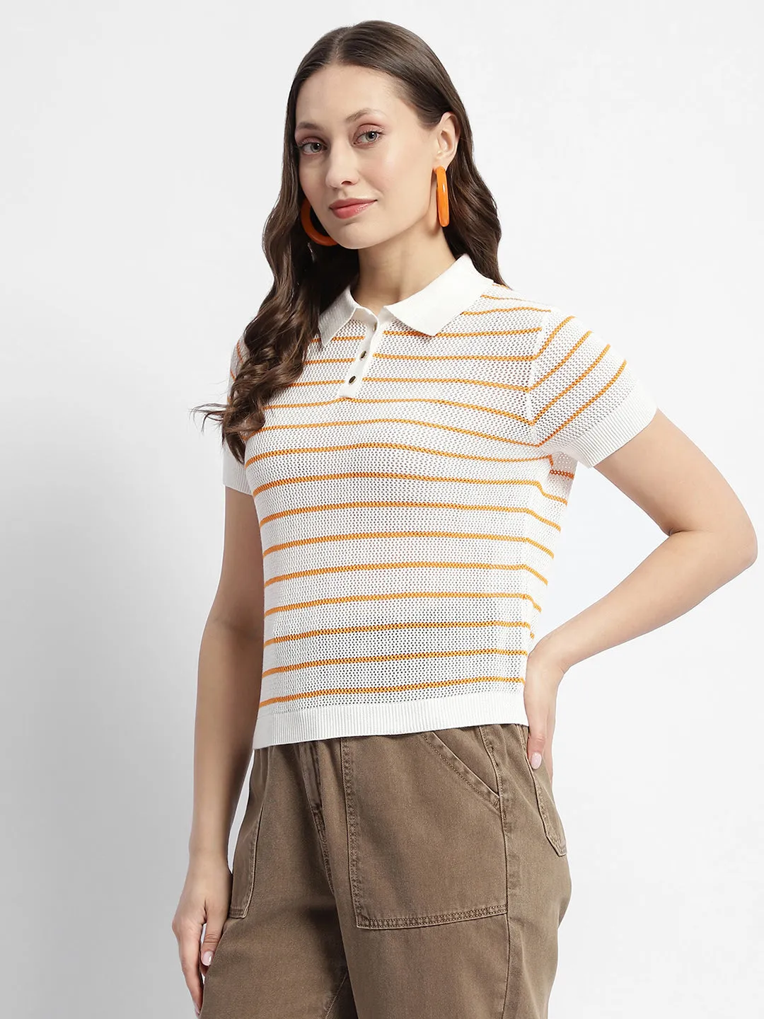 Madame Orange Striped Polo Neck T-Shirt Boat Neck