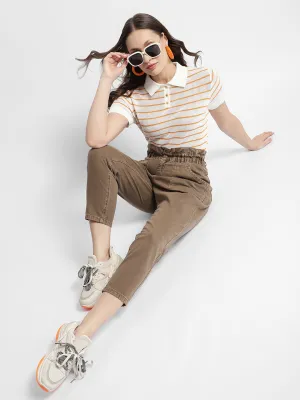 Madame Orange Striped Polo Neck T-Shirt Perfect Style
