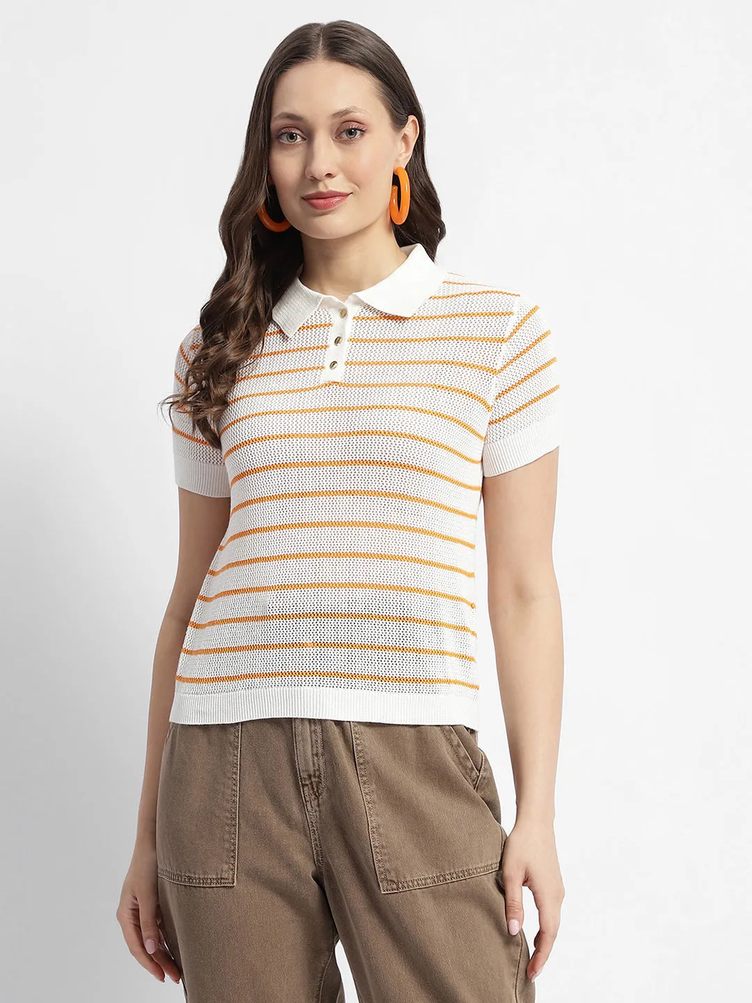 Madame Orange Striped Polo Neck T-Shirt Micro Perforation