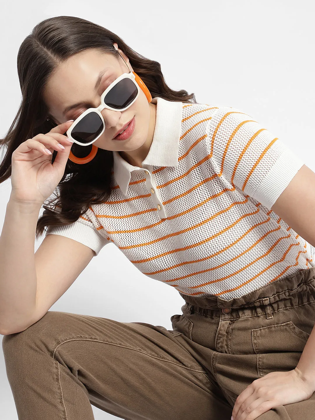 Madame Orange Striped Polo Neck T-Shirt Layering Comfort Simple Yet Cozy