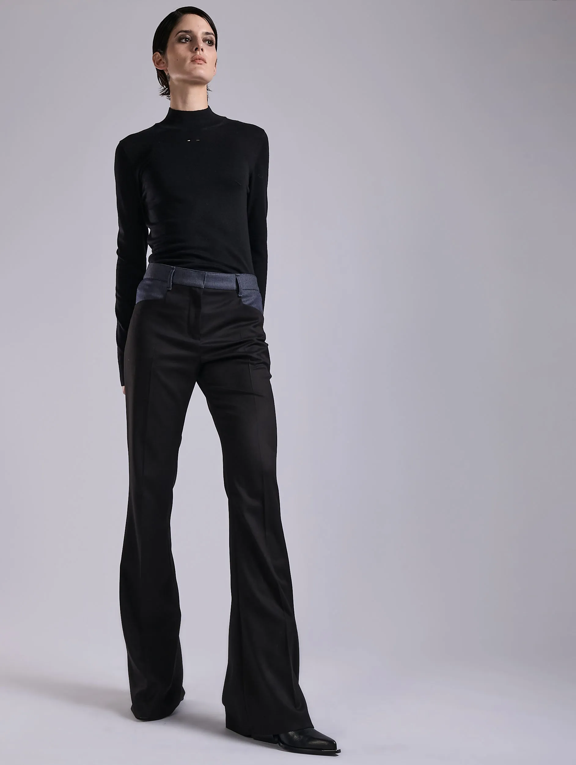 Smooth Finish Denim-effect stretch twill bootleg trousers