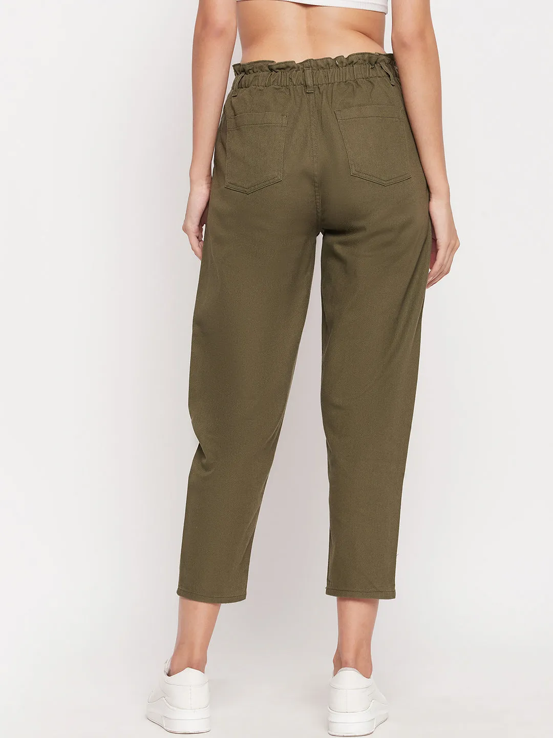Madame Women Solid Olive Trouser Barrel Waist Flexible Ankle Cuffs