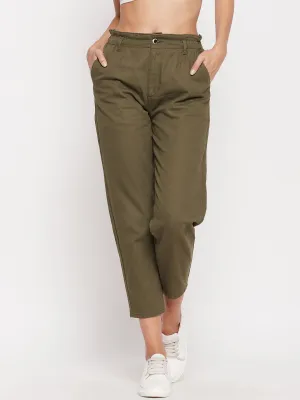 Madame Women Solid Olive Trouser Printed design Comfort Wearable