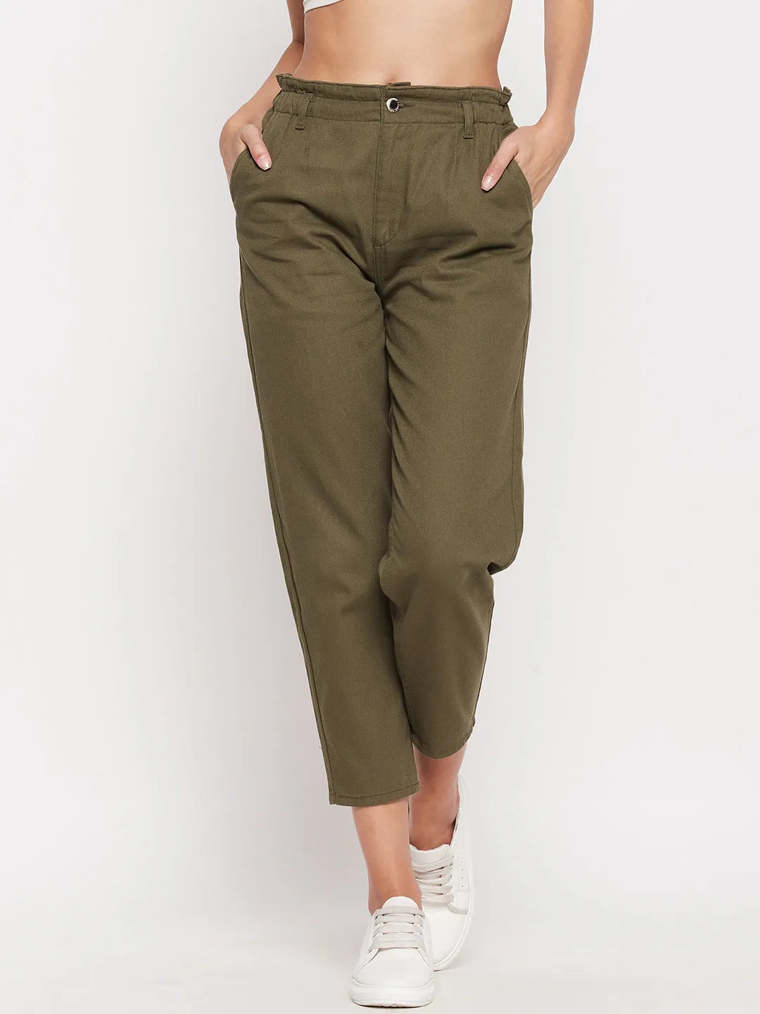 Madame Women Solid Olive Trouser Printed design Comfort Wearable