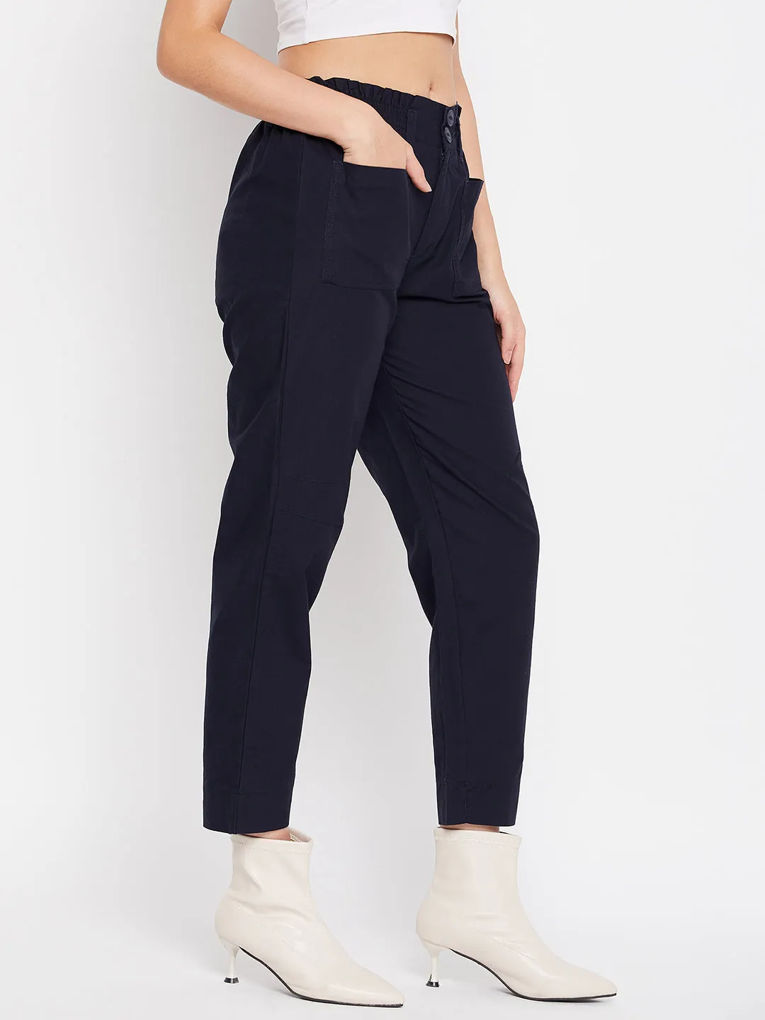 Relaxed Fit Everyday Layer Madame Navy Cotton Ankle Length Trousers