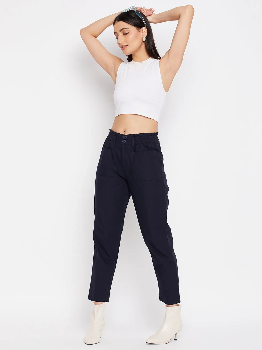 Madame Navy Cotton Ankle Length Trousers Light Fabric