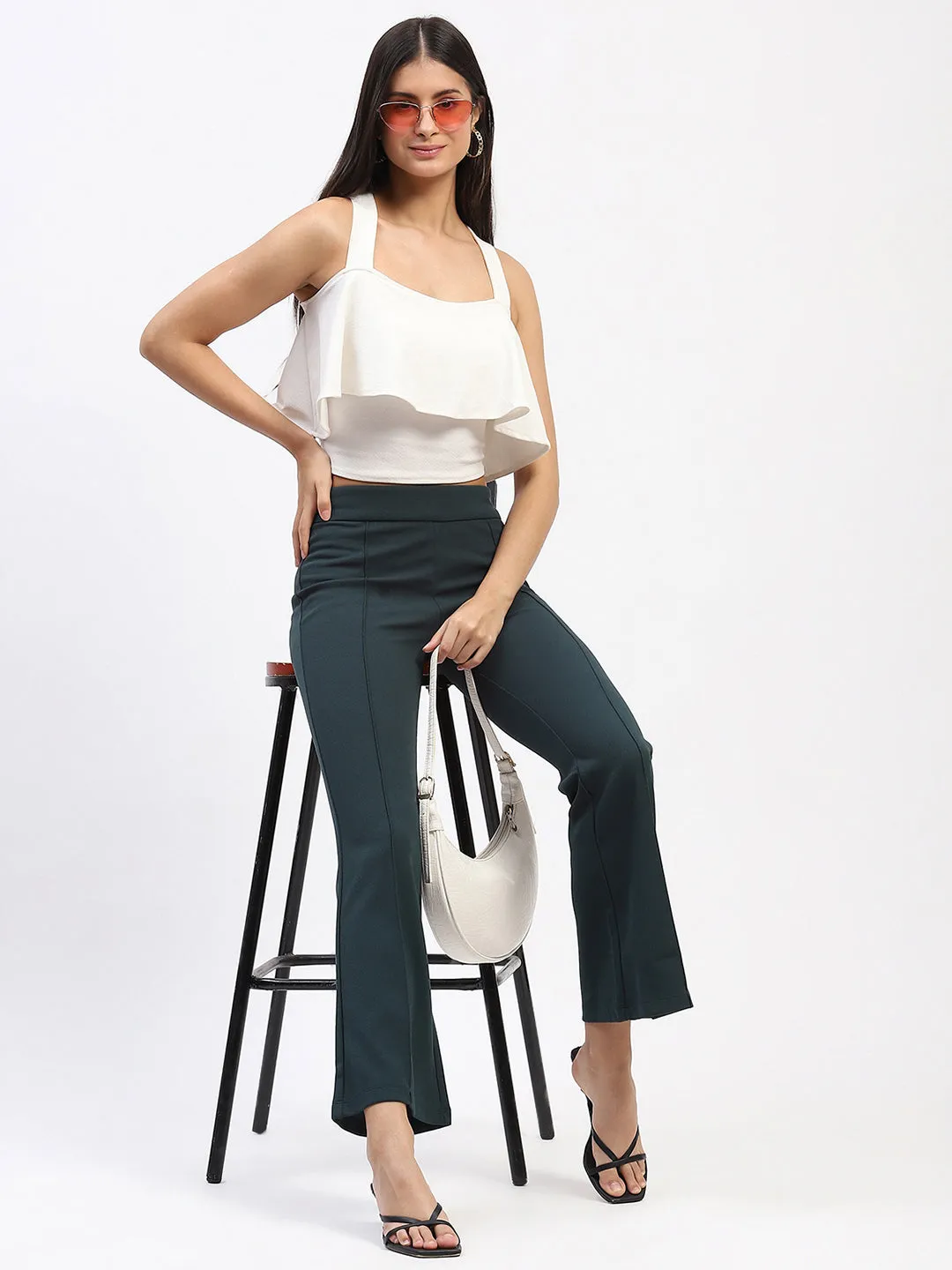 Madame Single Pleated Green Flared Trousers Timeless Appeal Commuter Ready