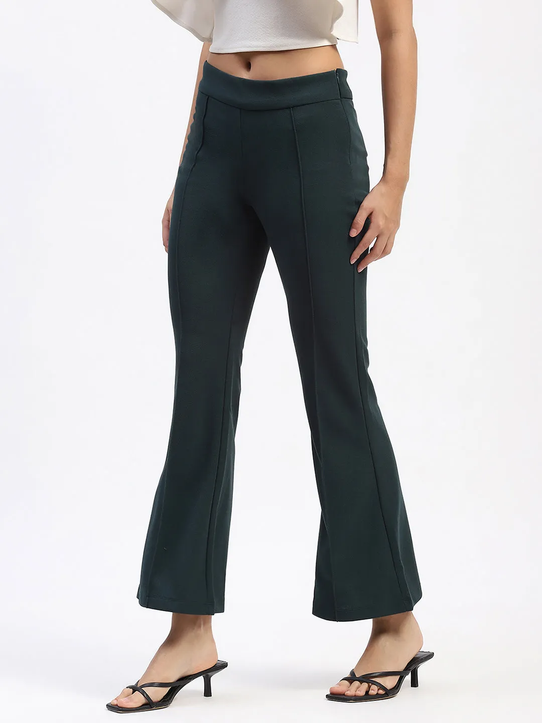 Ultra Soft Blend Madame Single Pleated Green Flared Trousers