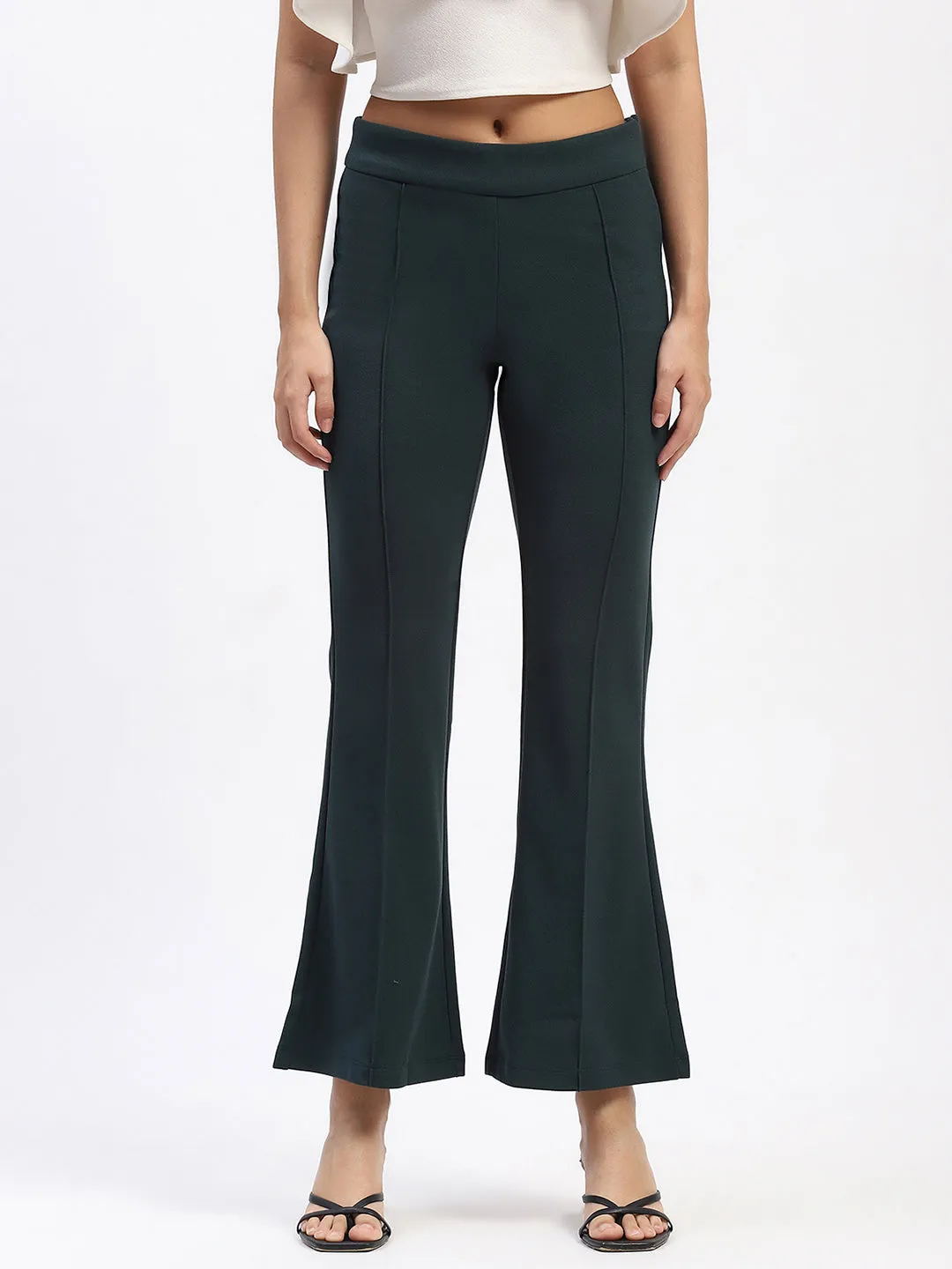 Madame Single Pleated Green Flared Trousers Slim Comfort wrinkle free
