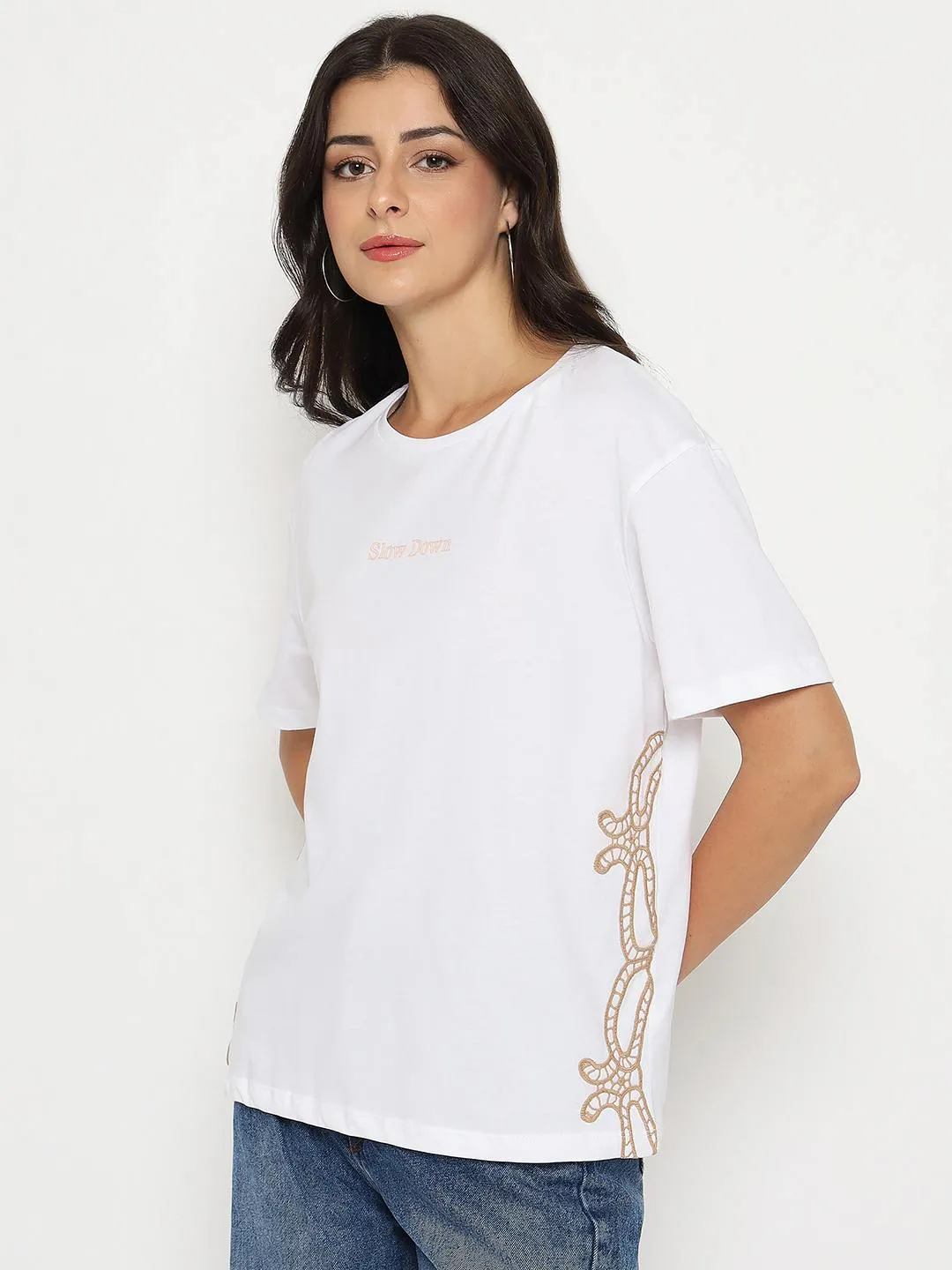 Summer Comfort Madame Embroidered Half Sleeve White Cotton T-shirt