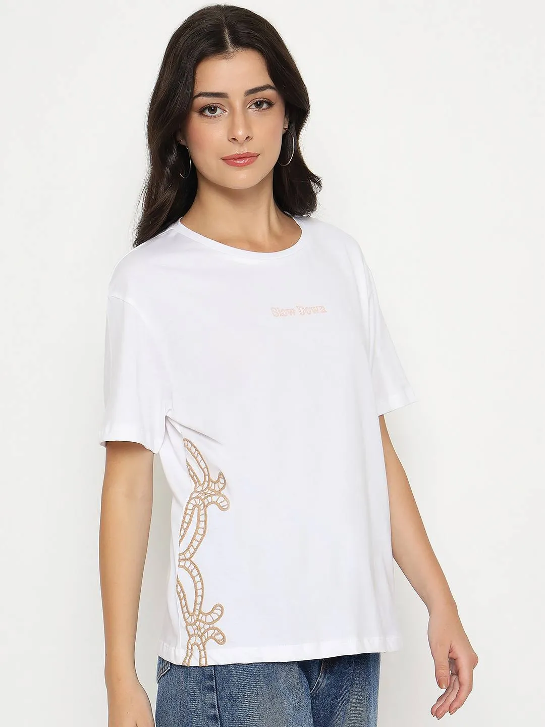 Recommended Heather Texture Finish Madame Embroidered Half Sleeve White Cotton T-shirt