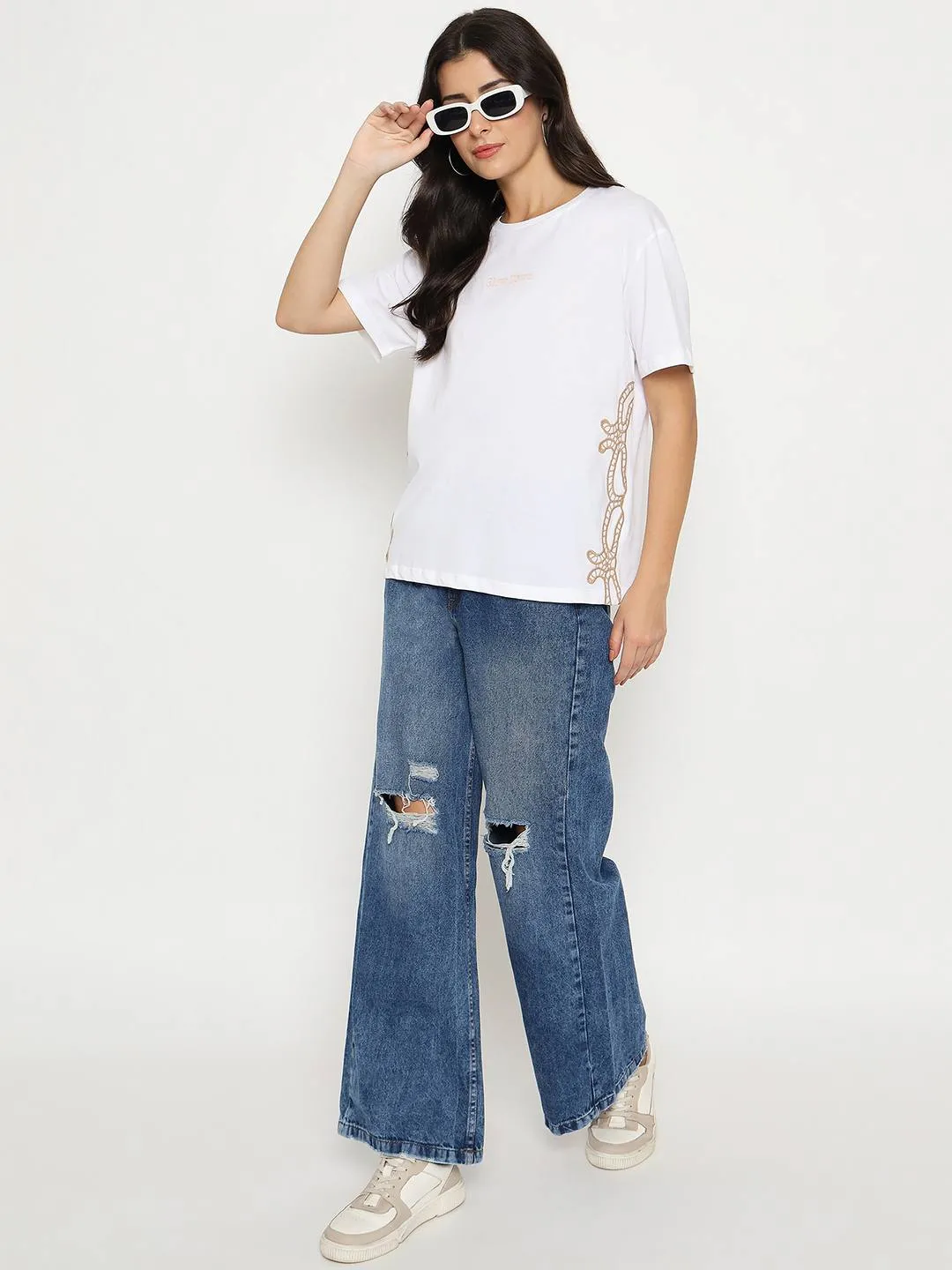 Madame Embroidered Half Sleeve White Cotton T-shirt Trendy Comfort Wear Eco Certified Textile