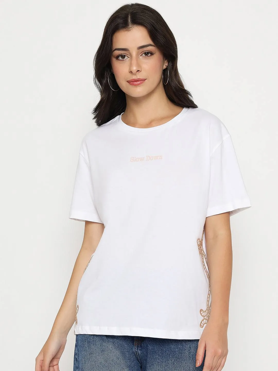 Madame Embroidered Half Sleeve White Cotton T-shirt Cool Style