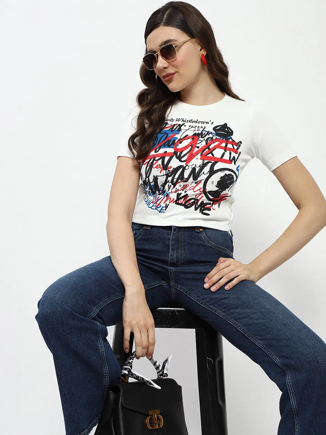Madame Bridgerton Typography Printed Crystal Embellished White Cotton T-Shirt DoubleStitched Seams Anti Shrinkage Treatment