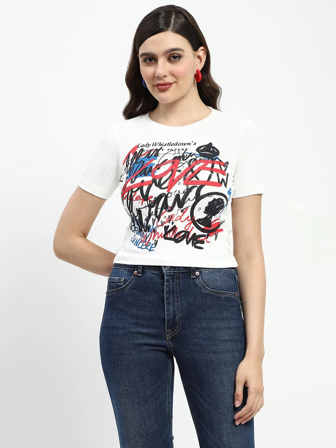 Eco Friendly Dyes Travel Comfort Madame Bridgerton Typography Printed Crystal Embellished White Cotton T-Shirt