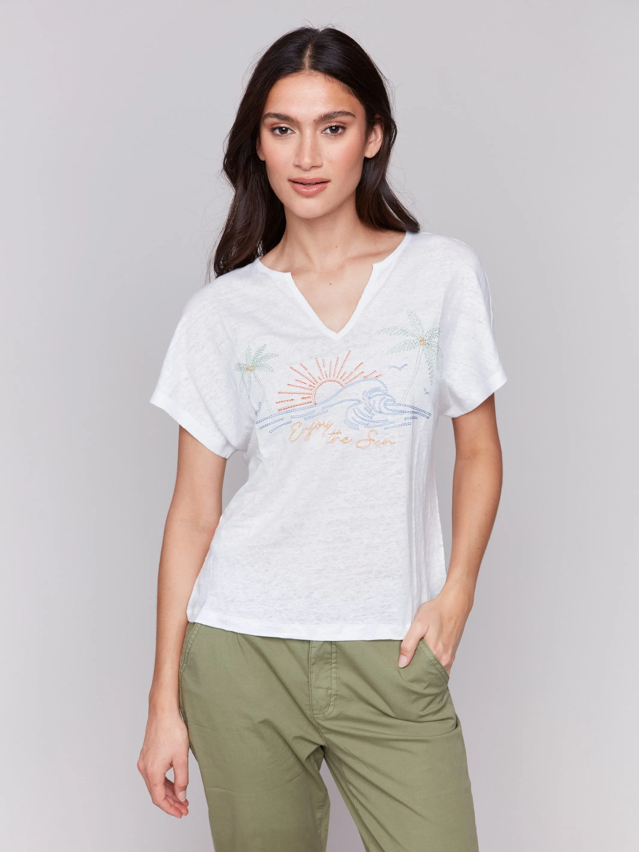 ReflectiveTrimDetails Cool Vest Embroidered Short Sleeve Dolman Top - White