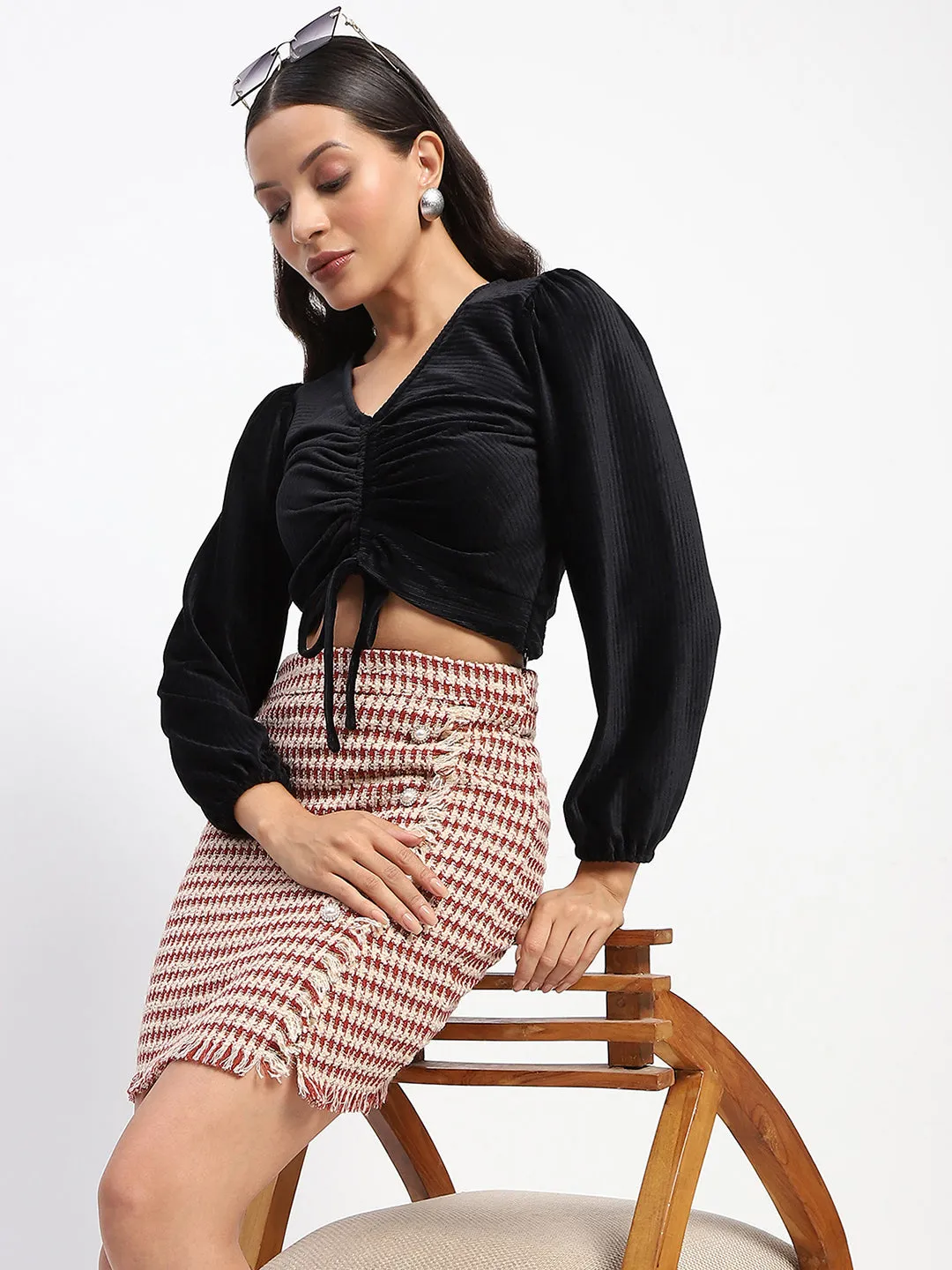 Madame Ruched V Neck Puff Sleeve Crop Top ConvertibleStyle Pearl Tone
