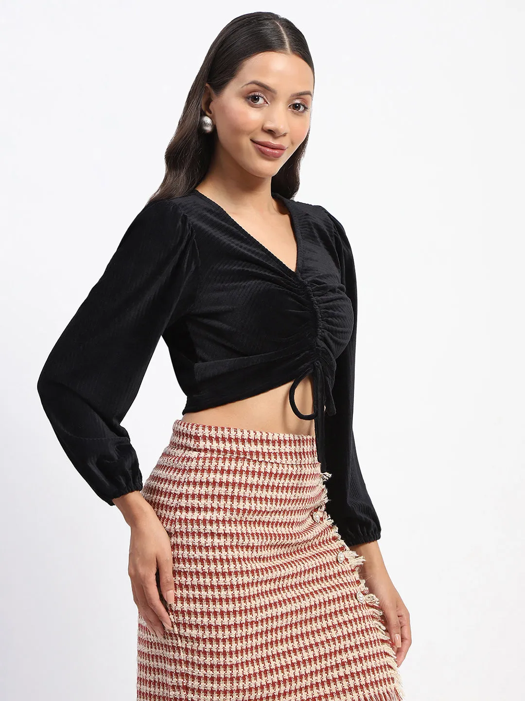 Madame Ruched V Neck Puff Sleeve Crop Top Polish Core Antibacterial lining