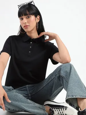 Madame Collared Solid Black Cotton Blend Polo T-Shirt OdorResistant Fabric