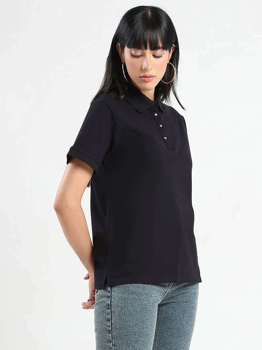 Madame Collared Solid Black Cotton Blend Polo T-Shirt Minimalist Look