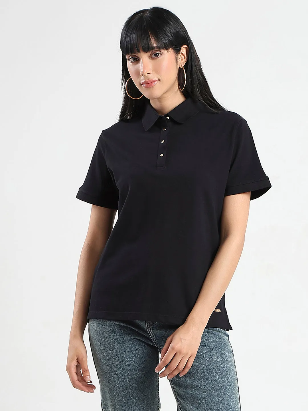 Perfect for Outdoors Cozy and Fashionable Madame Collared Solid Black Cotton Blend Polo T-Shirt