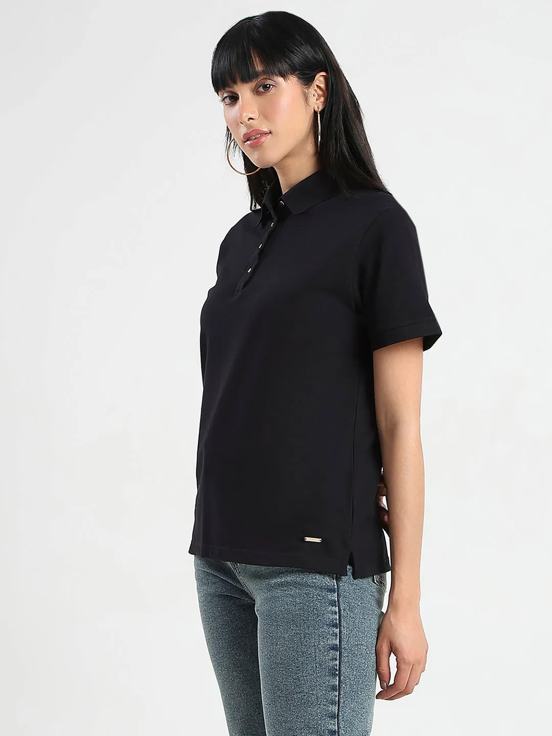 Madame Collared Solid Black Cotton Blend Polo T-Shirt Fun and Playful
