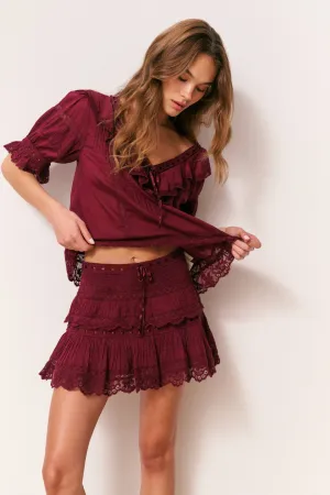 Tiered hem Elasticized Hem Delphie Cotton Lace-Detailed Mini Skirt - SPICED BERRY