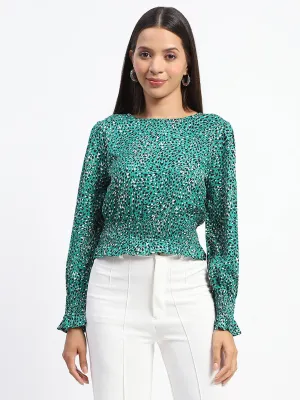 Vintage Style Forest Air Madame Animal Print Cinch Waist Green Top