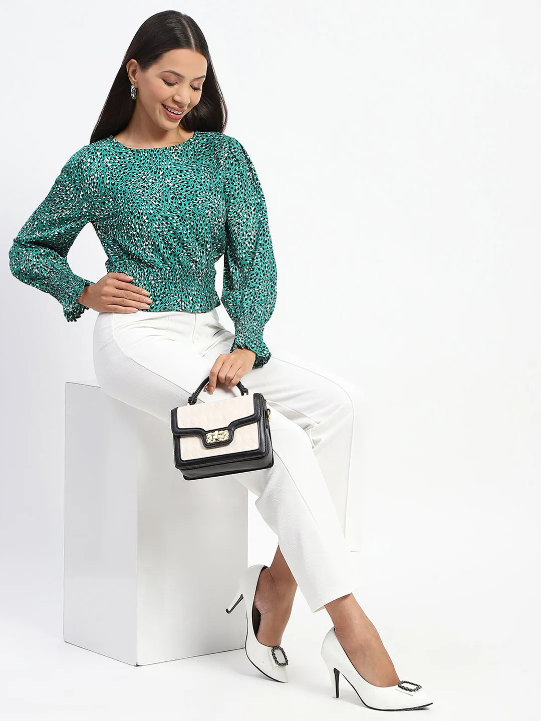 Night Charm Future Edge Madame Animal Print Cinch Waist Green Top
