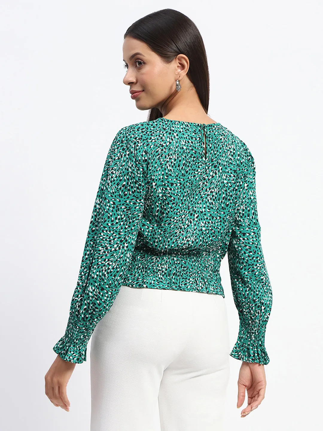 Design Glow Carnival Look Madame Animal Print Cinch Waist Green Top