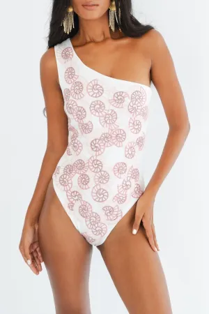 Ultraviolet Resistant Lifetime Elasticity Guarantee Seashell Hand Beaded One Piece Swimsuit White
